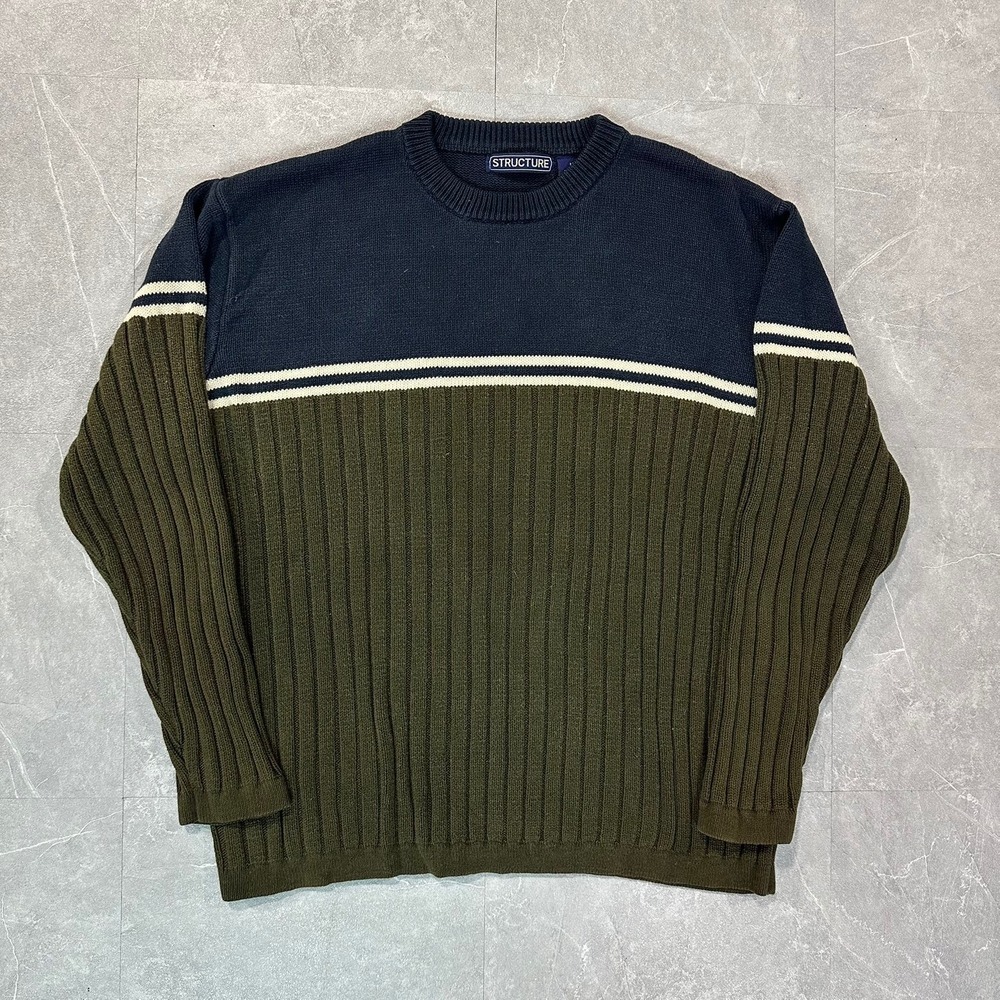 Structure Vintage Mens Colorblock Ribbed Sweater Navy Olive Green Ramie Cotton M